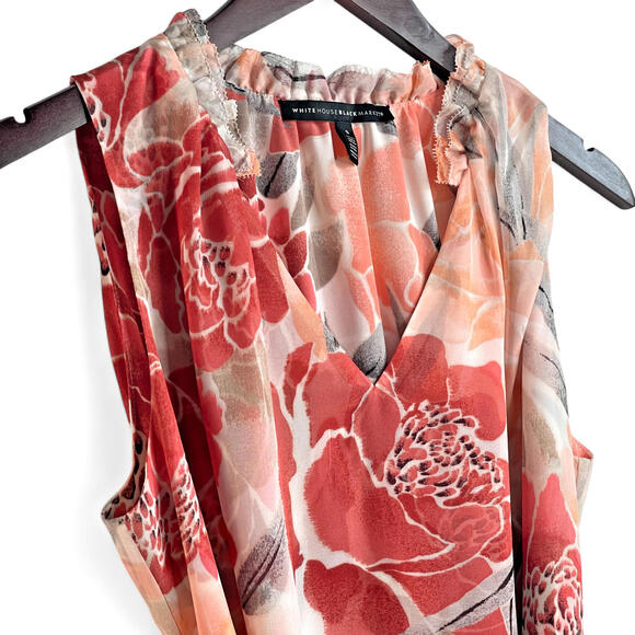 WHBM Sleeveless Floral Tie Waist Tunic Small Semi-Sheer Ruffle Salmon Pink Coral - Picture 2 of 9